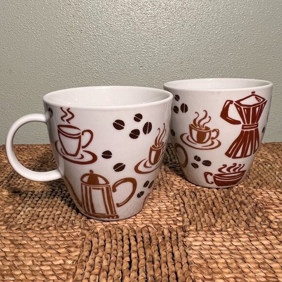 Set of 2 Bed Bath & Beyond Brown & White Coffee Graphics Ceramic Mugs - Picture 4 of 10